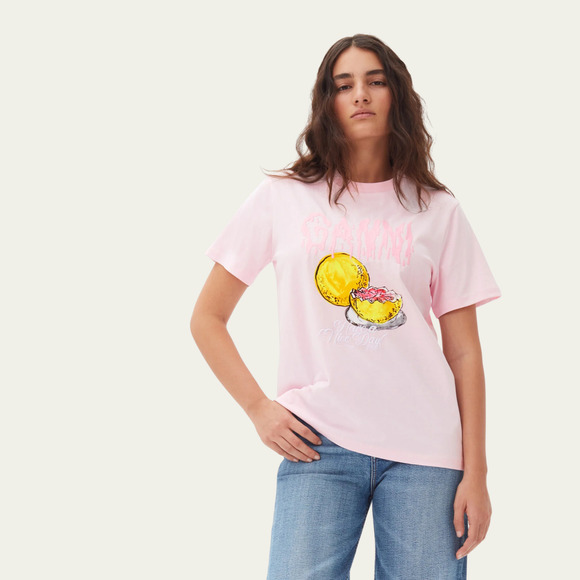 GANNI Grapefruit Graphic Tee sz XS 100% Organic Cotton Pink Logo Jersey T-Shirt - Picture 6 of 6